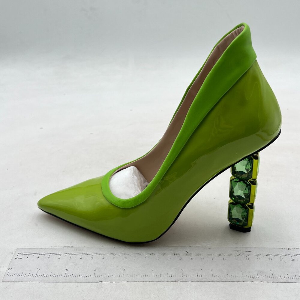 FSJ fluorescent Lime Green Patent Leather Pointed Toe Pumps with Gem Block Heel